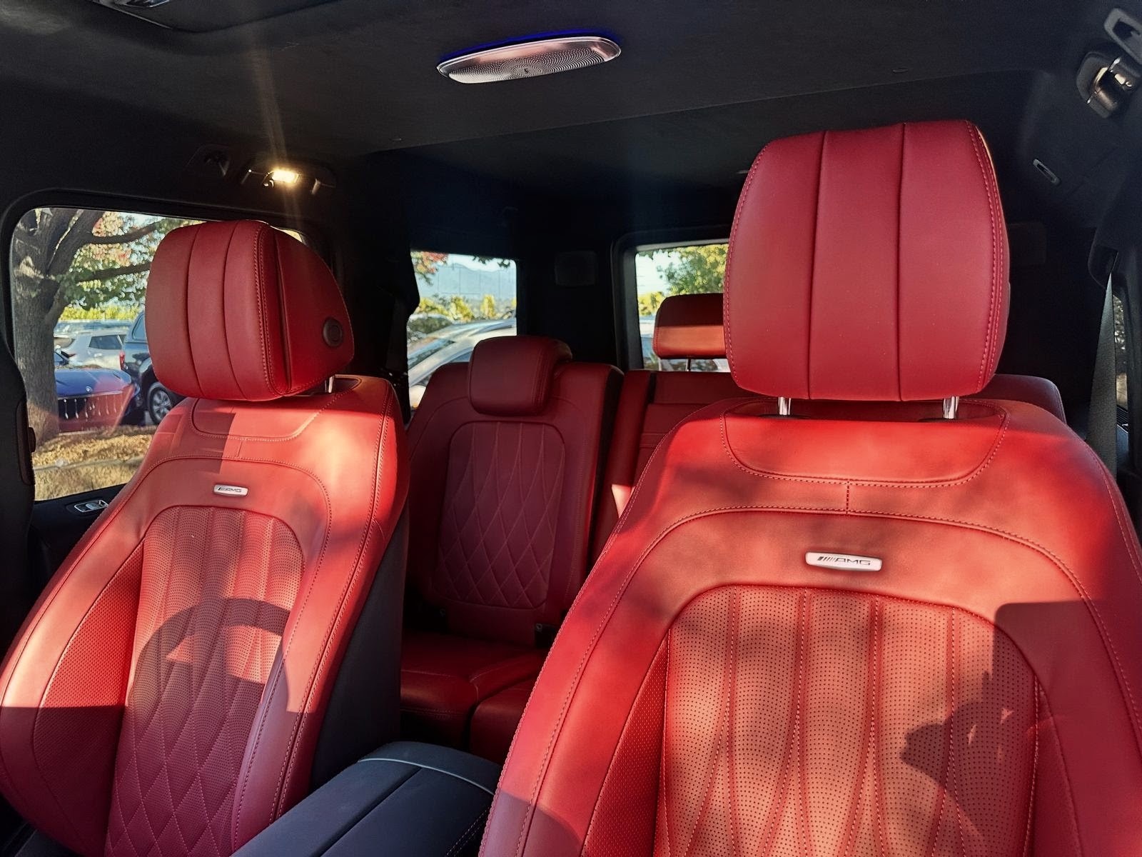 G63 interior — red leather seats and carbon fibre trim